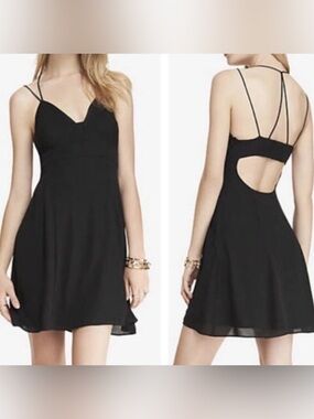 black Express spaghetti strap mini dress plunging V-neck,flare silhouette size 4